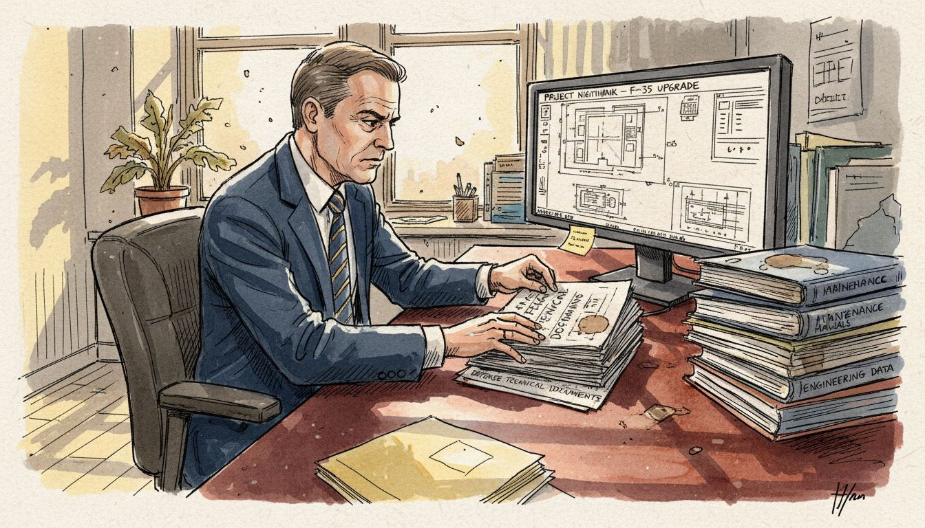 Defense executive reviewing documentation in office