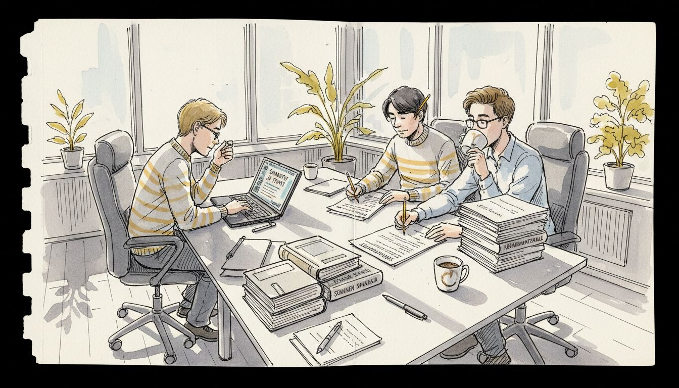 Käännöstiimi työskentelee kaupungin toimistolla