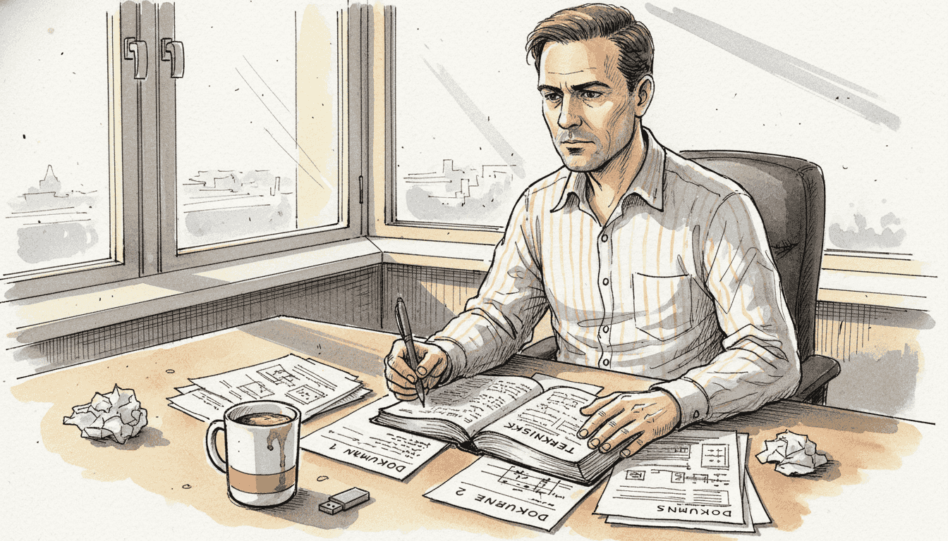 En mand sidder ved sit skrivebord og arbejder med at oversætte tekniske dokumenter.