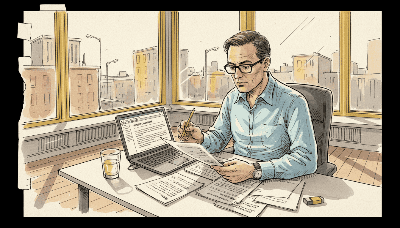 Een vertaler die met aandacht een technisch document doorneemt om elk detail goed te begrijpen.