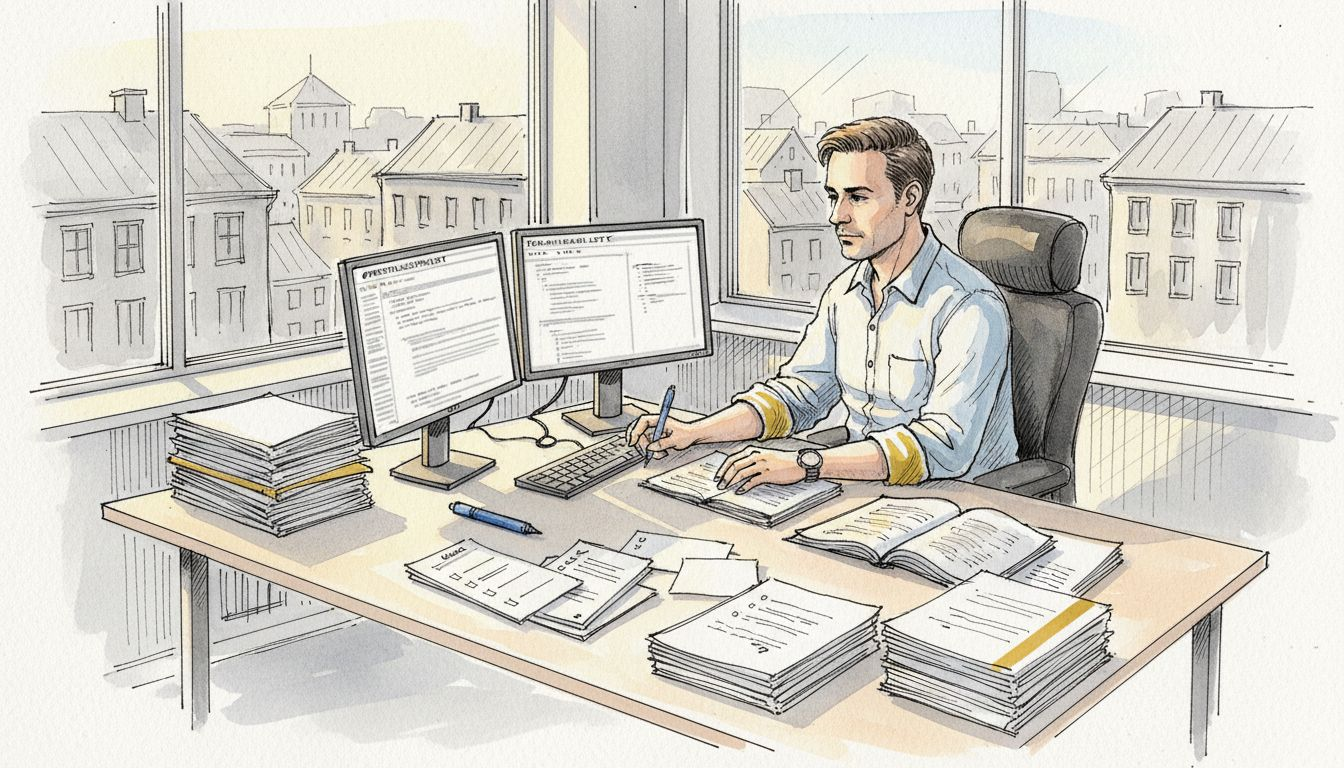 En teknisk oversetter sitter ved skrivebordet og gjør klart kildematerialet før oversettelsen starter.