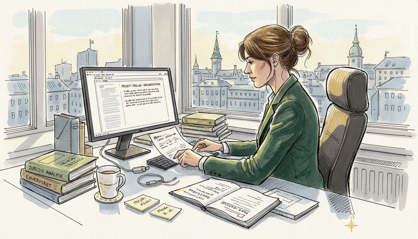 En erfaren oversætter sidder koncentreret ved skrivebordet og gennemgår et dokument nøje.