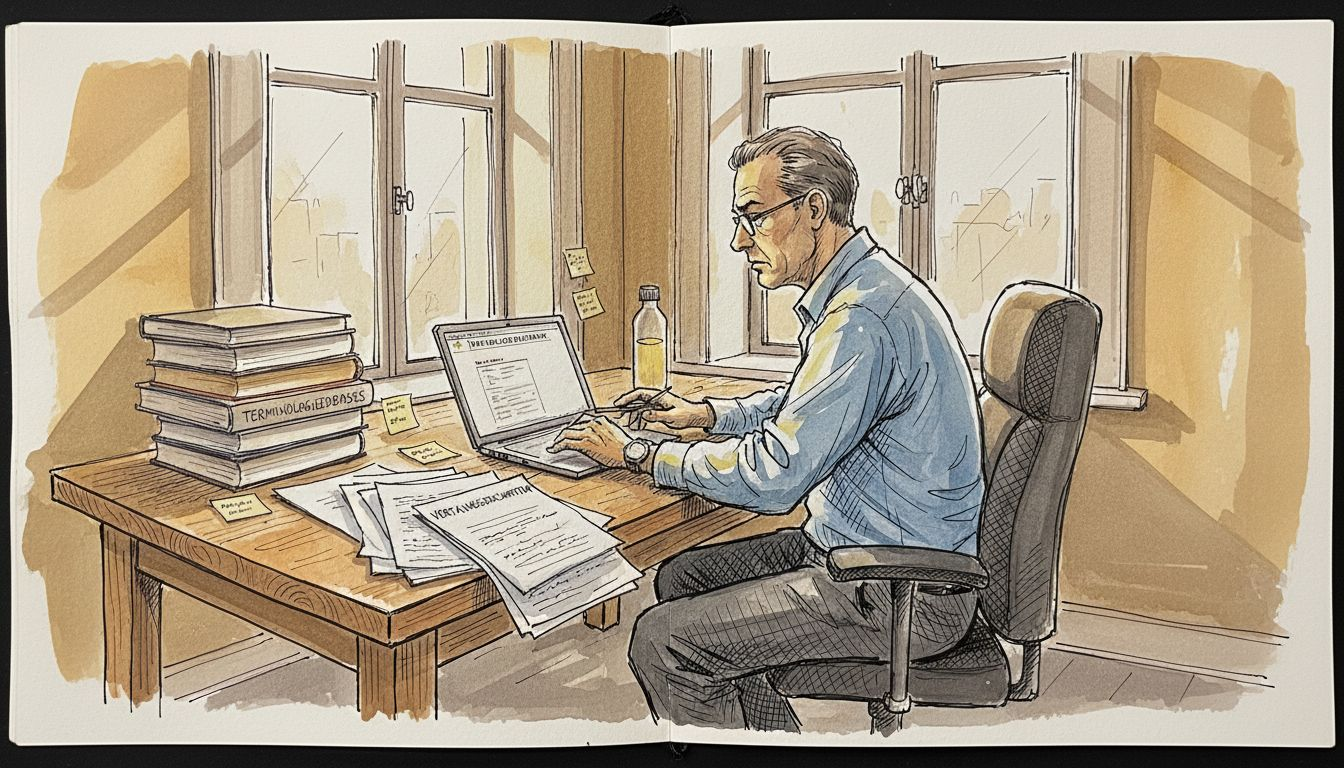 De manager kijkt de documenten van het vertaalproces na.