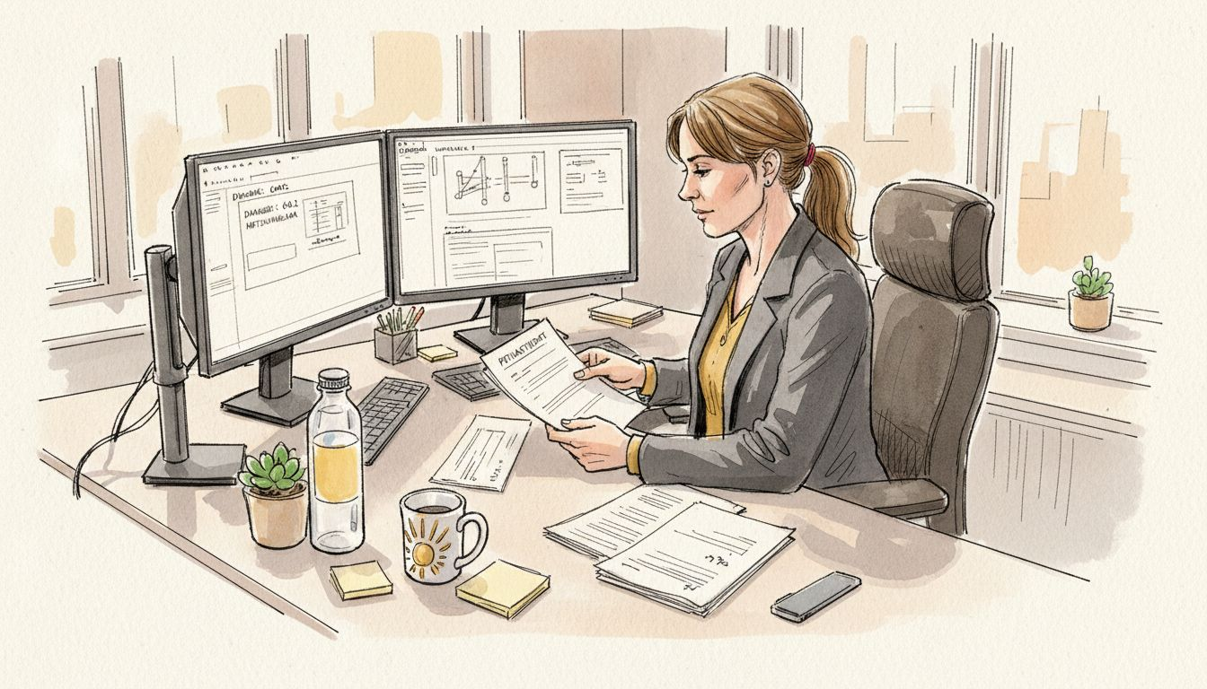 Asiantuntija käy läpi käännöstä valoisalla toimistopöydällä.