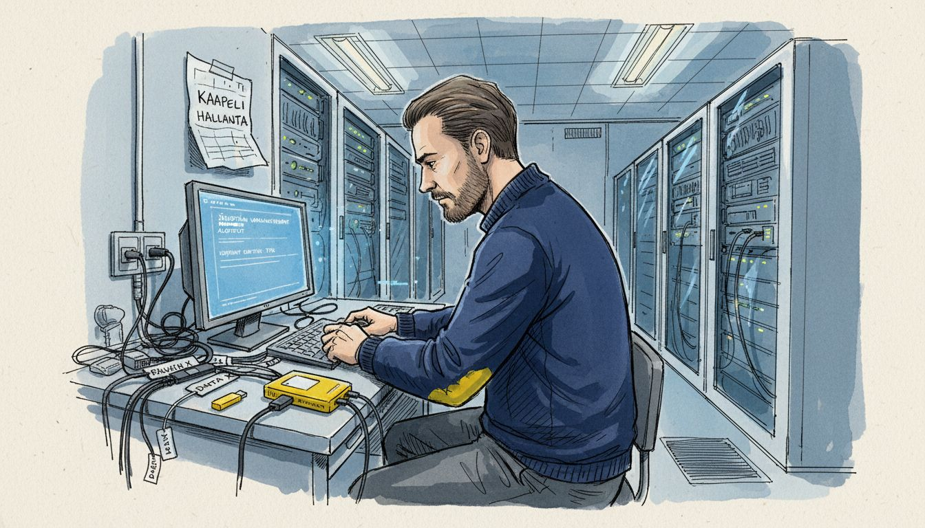 IT-asiantuntija huolehtii tietoturvallisista työnkulkujen integroinneista palvelintilassa.