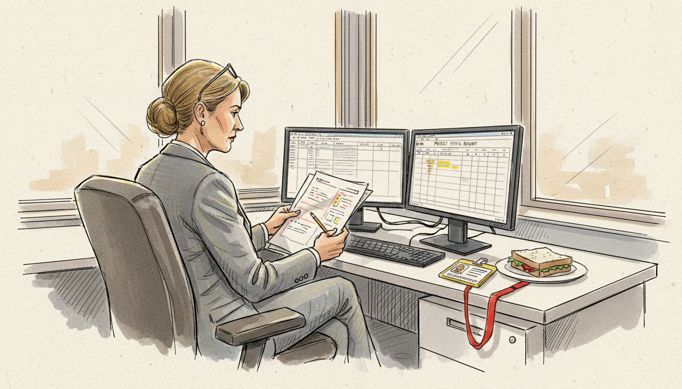 Defense manager reviewing technical translation at desk