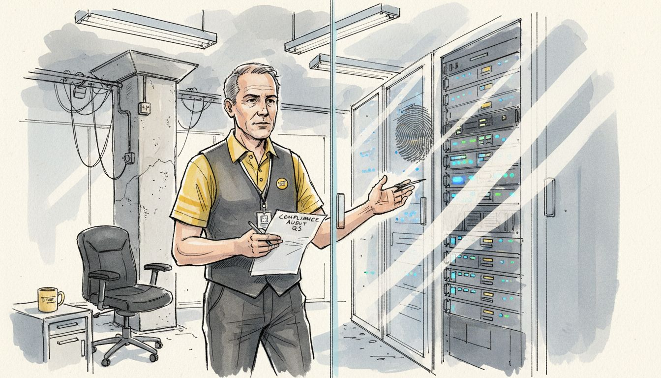 Compliance officer auditing secure server room