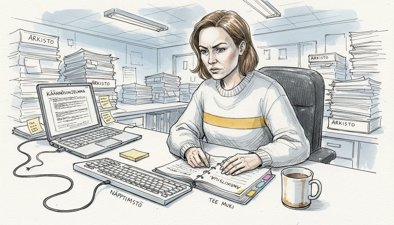 Kääntäjä työskentelee tekoälytyökalujen parissa paperipinokas pöydällään.