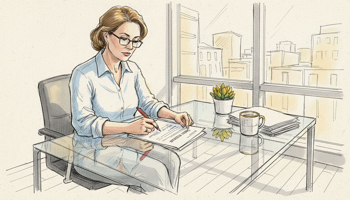 Eine Compliance-Beauftragte prüft Übersetzungen sorgfältig an ihrem Schreibtisch.