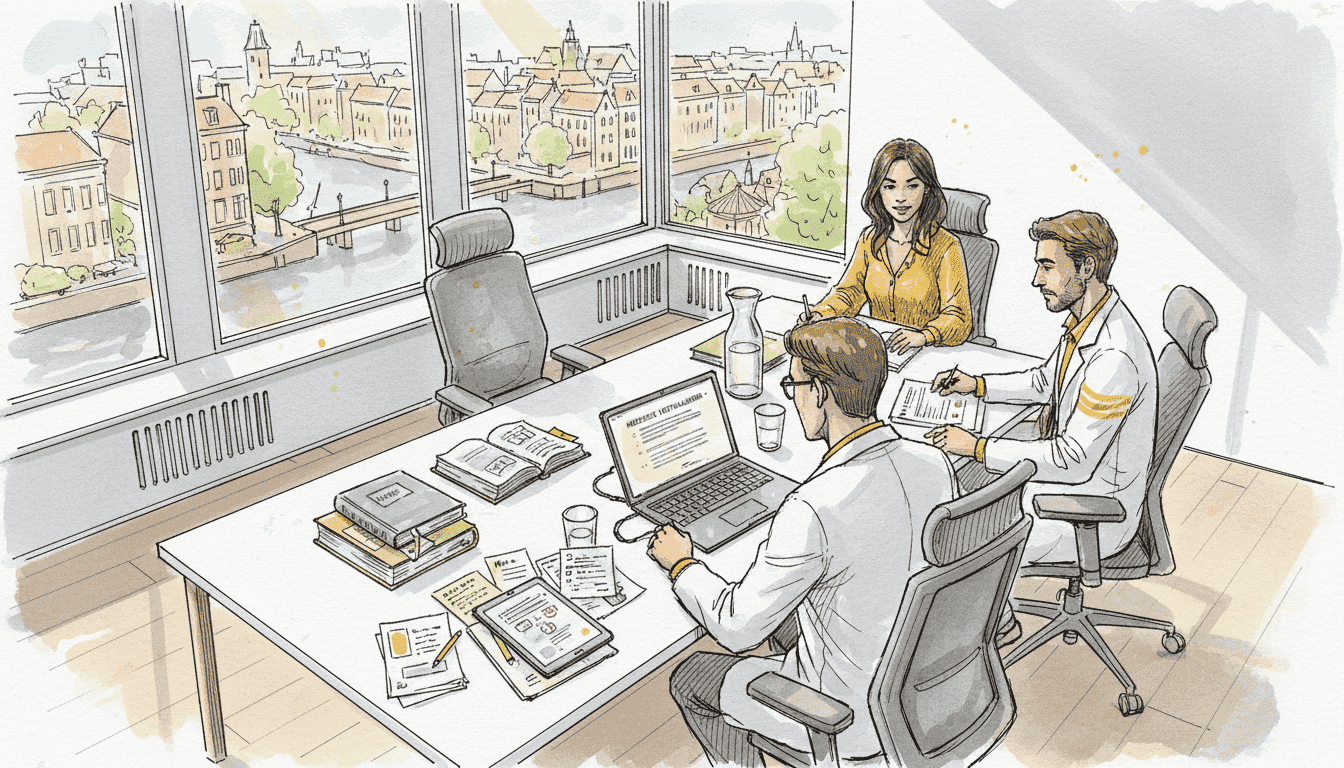 Het medisch vertaalteam buigt zich samen over de documenten op kantoor.