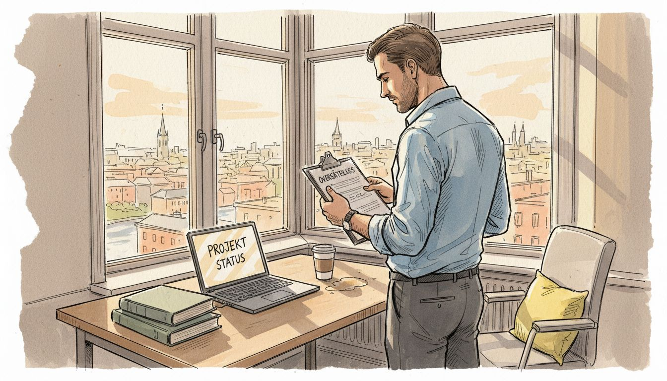 En leder gennemgår tjeklisten for oversættelser på sit kontor