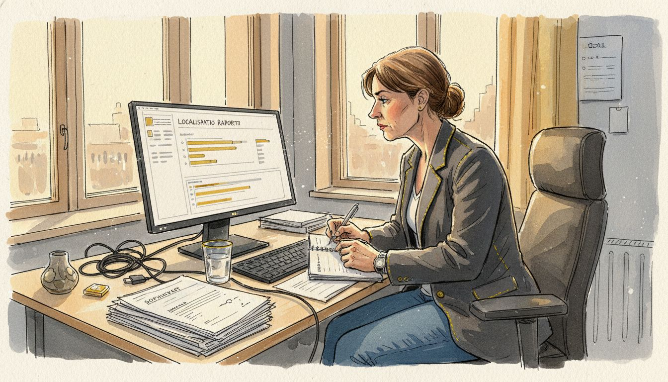 Projektipäällikkö käy läpi lokalisointiprosessia työpöytänsä äärellä.