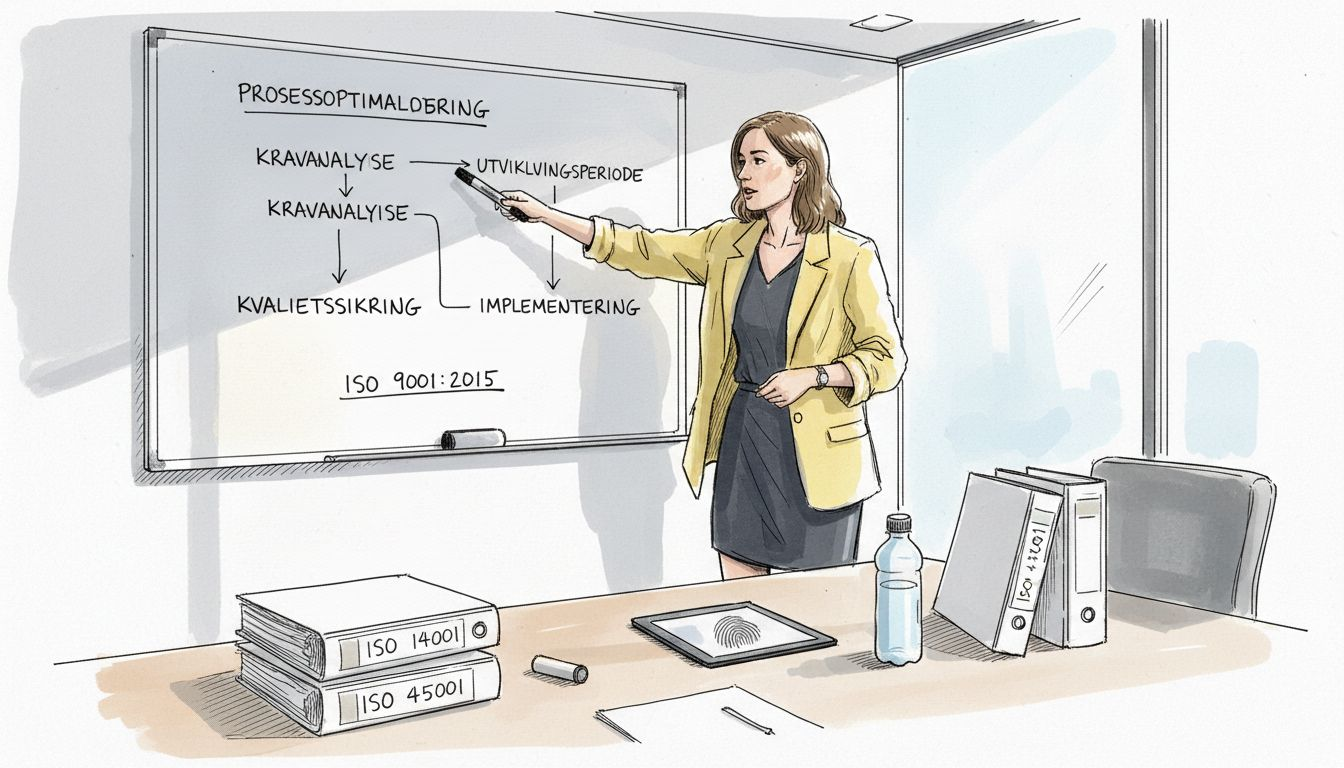 Kvinne som viser frem et arbeidsflytsdiagram i tråd med ISO-standarder