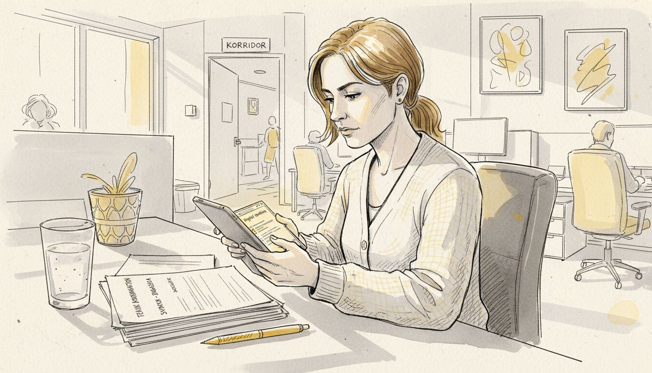 En översättare sitter vid ett gemensamt skrivbord och går igenom ordlistan.