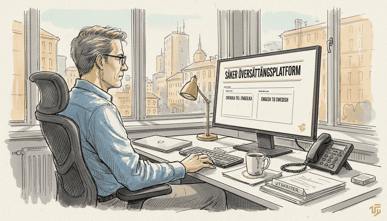 En man sitter på sitt kontor och arbetar noggrant med säkra översättningar.