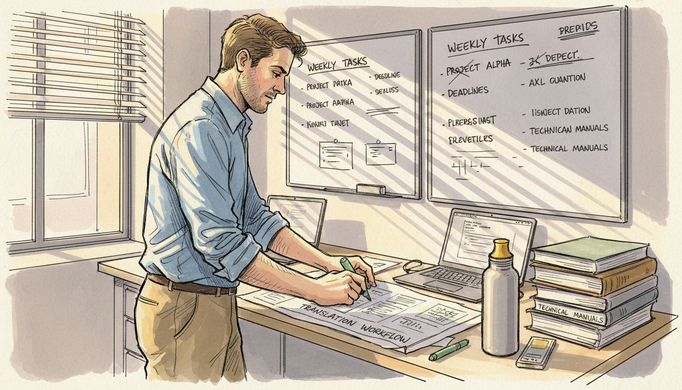 Project manager marking translation workflow diagram