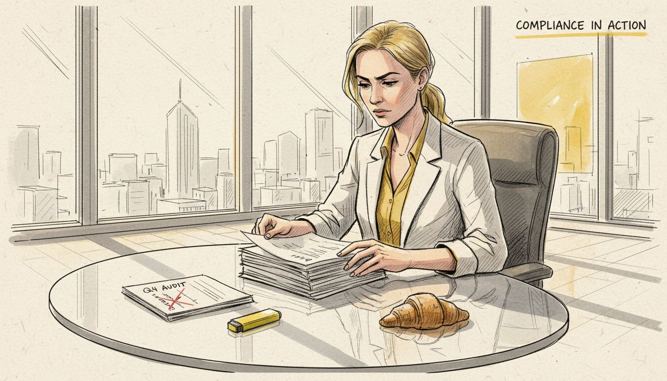 Compliance officer reviews audit report stack