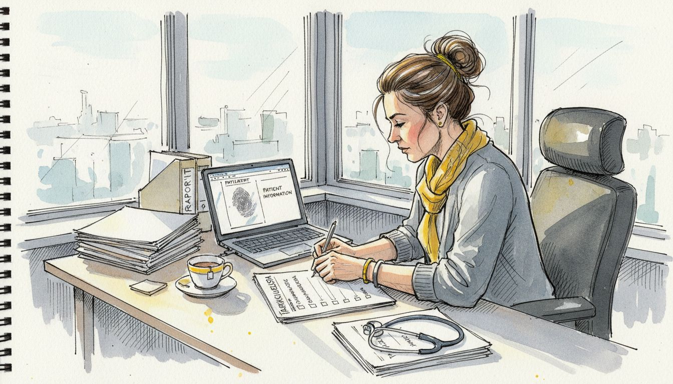 Lääketieteellisten tekstien kääntäjä käy läpi asiakirjoja paperipinon keskellä.