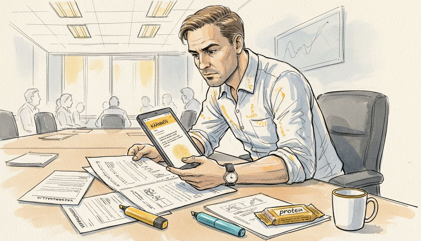 Projektipäällikkö perehtyy käännöstyökaluihin neuvottelupöydän ääressä.