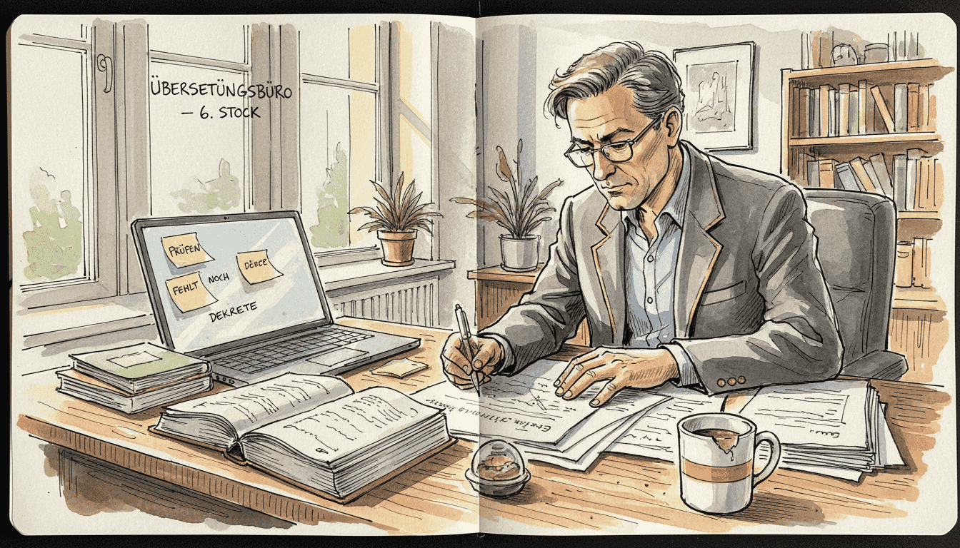 In einem hellen Eckbüro sitzt ein Übersetzer und prüft sorgfältig verschiedene Unterlagen.