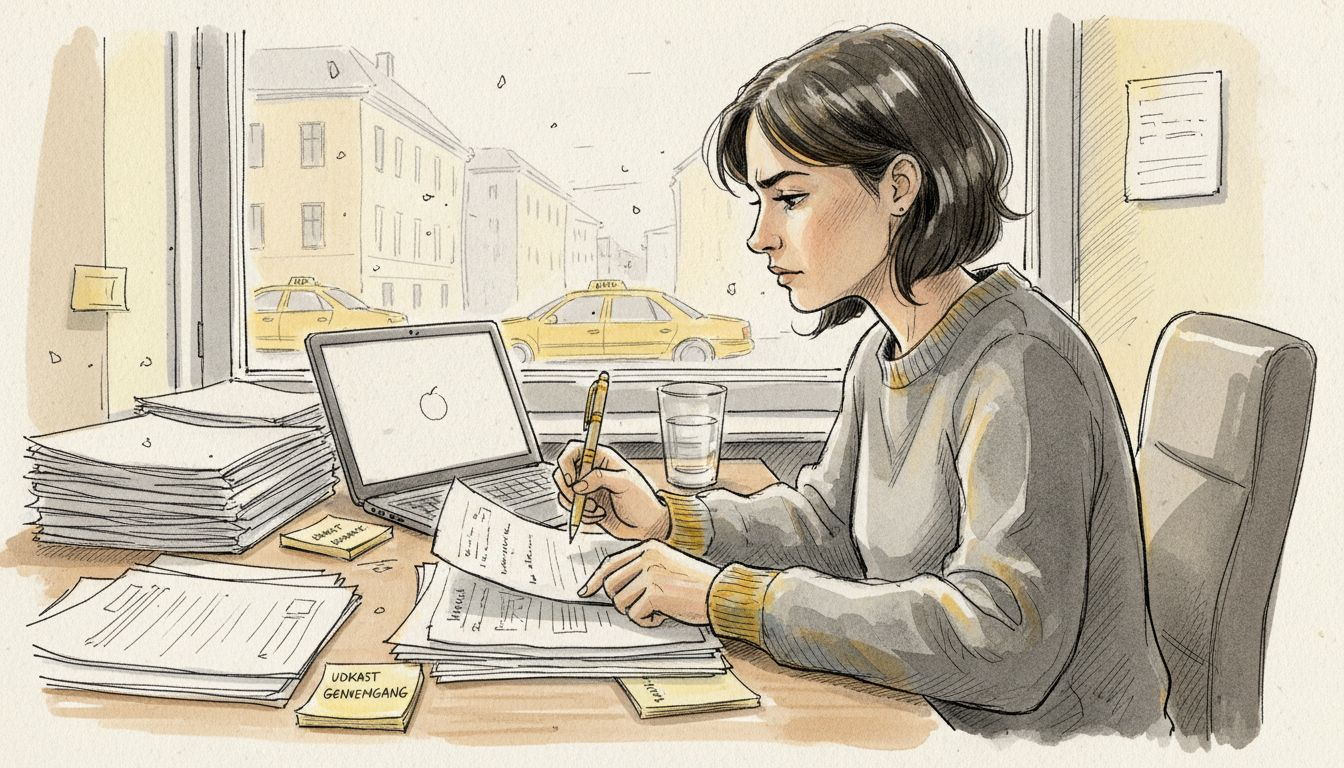 En oversætter sidder på bureauets kontor og gennemgår udkast til tekster.