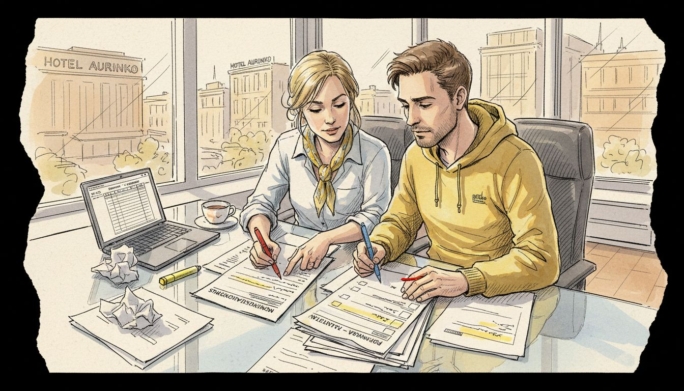 Käännösalan ammattilaiset tarkastelevat asiakirjoja valoisassa toimistossa.