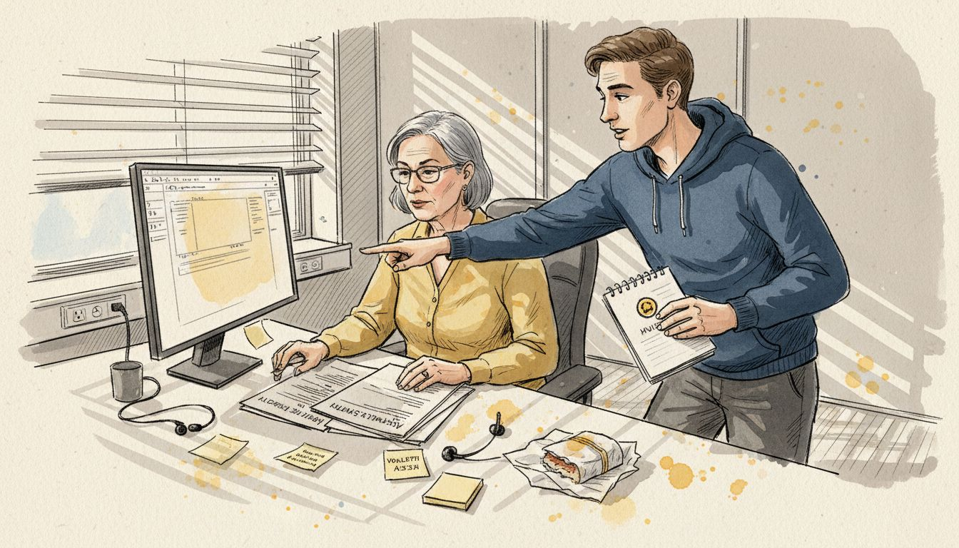 Tekoälyn asiantuntija ja kielitieteilijä työskentelevät yhdessä saman pöydän ääressä.