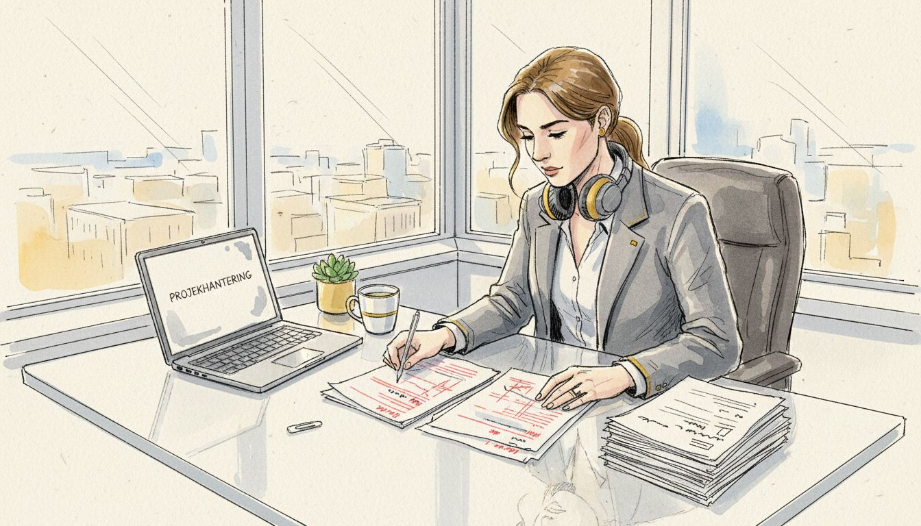 En chef granskar översättningsdokument noggrant på kontoret för att säkerställa att allt stämmer.