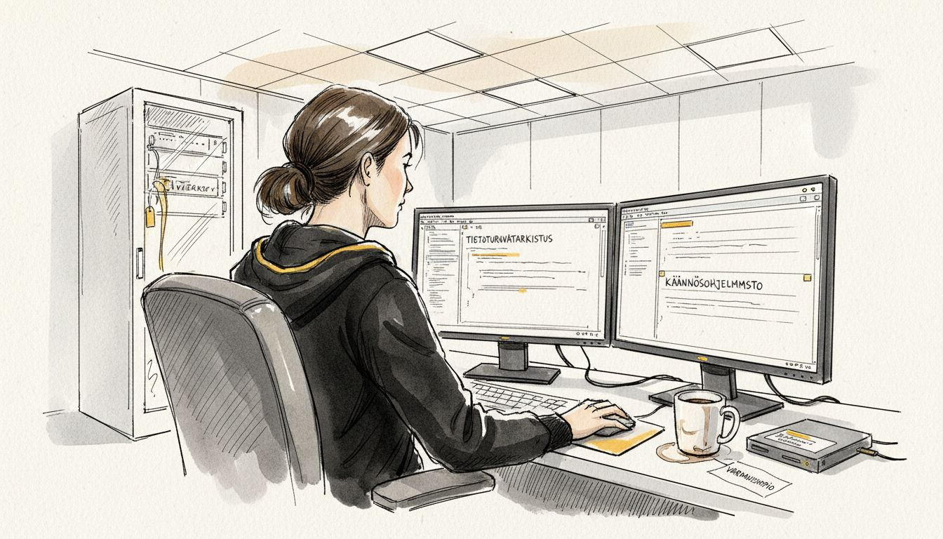 IT-asiantuntija huolehtii käännösohjelmiston tietoturvasta.