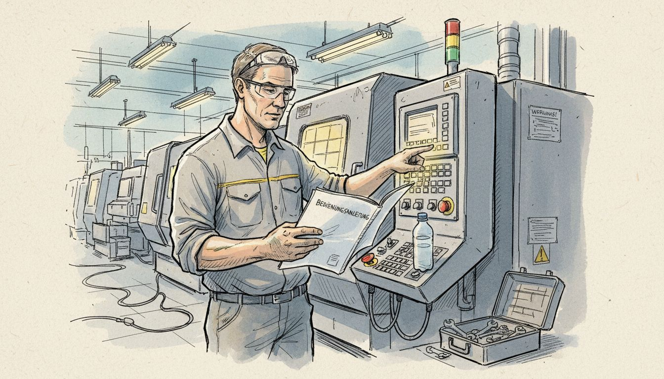 Ein Techniker studiert die Bedienungsanleitung direkt an der Industrieanlage.