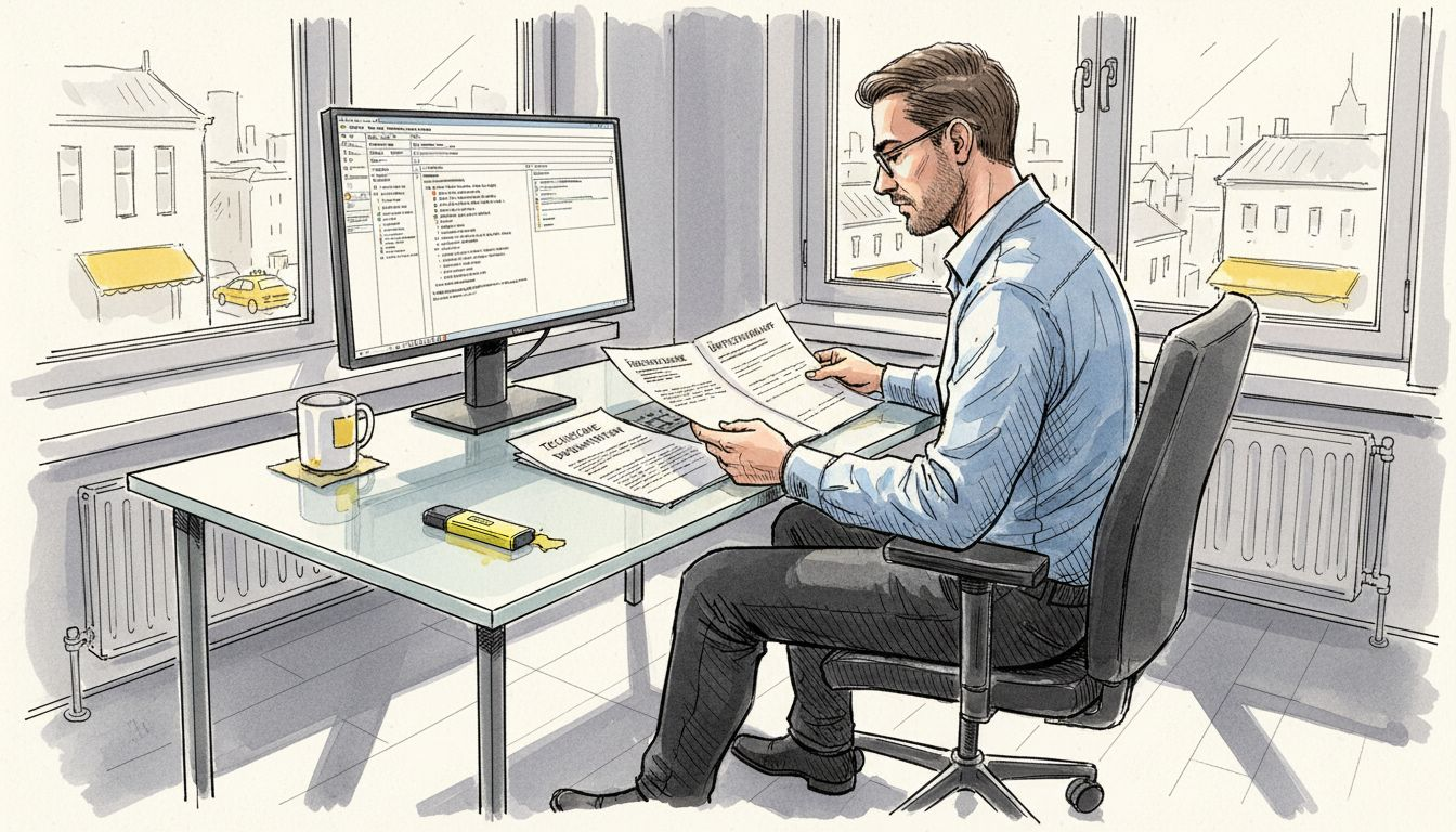 Ein Übersetzer sitzt am Schreibtisch und vergleicht sorgfältig verschiedene technische Unterlagen.
