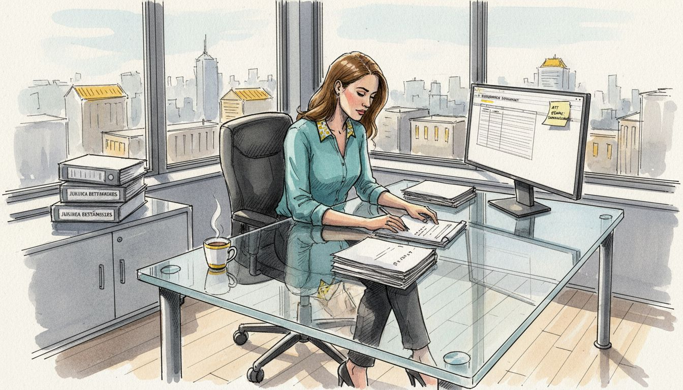 Regelöversättare går noggrant igenom checklistan på sitt kontor med utsikt över staden.