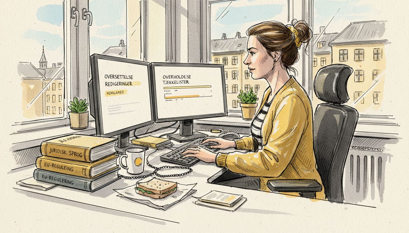 Kvinde sidder ved sit skrivebord og arbejder med oversættelsesteknologi