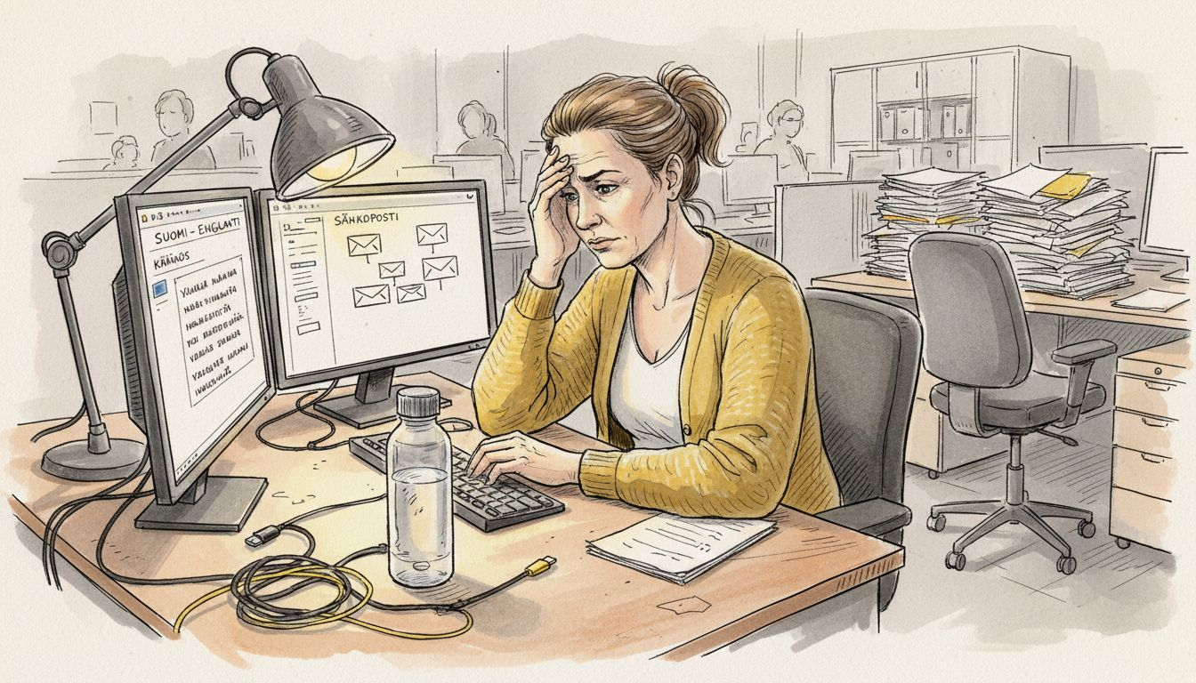 Analyytikko arvioi käännösohjelman toimivuutta työpisteellään.