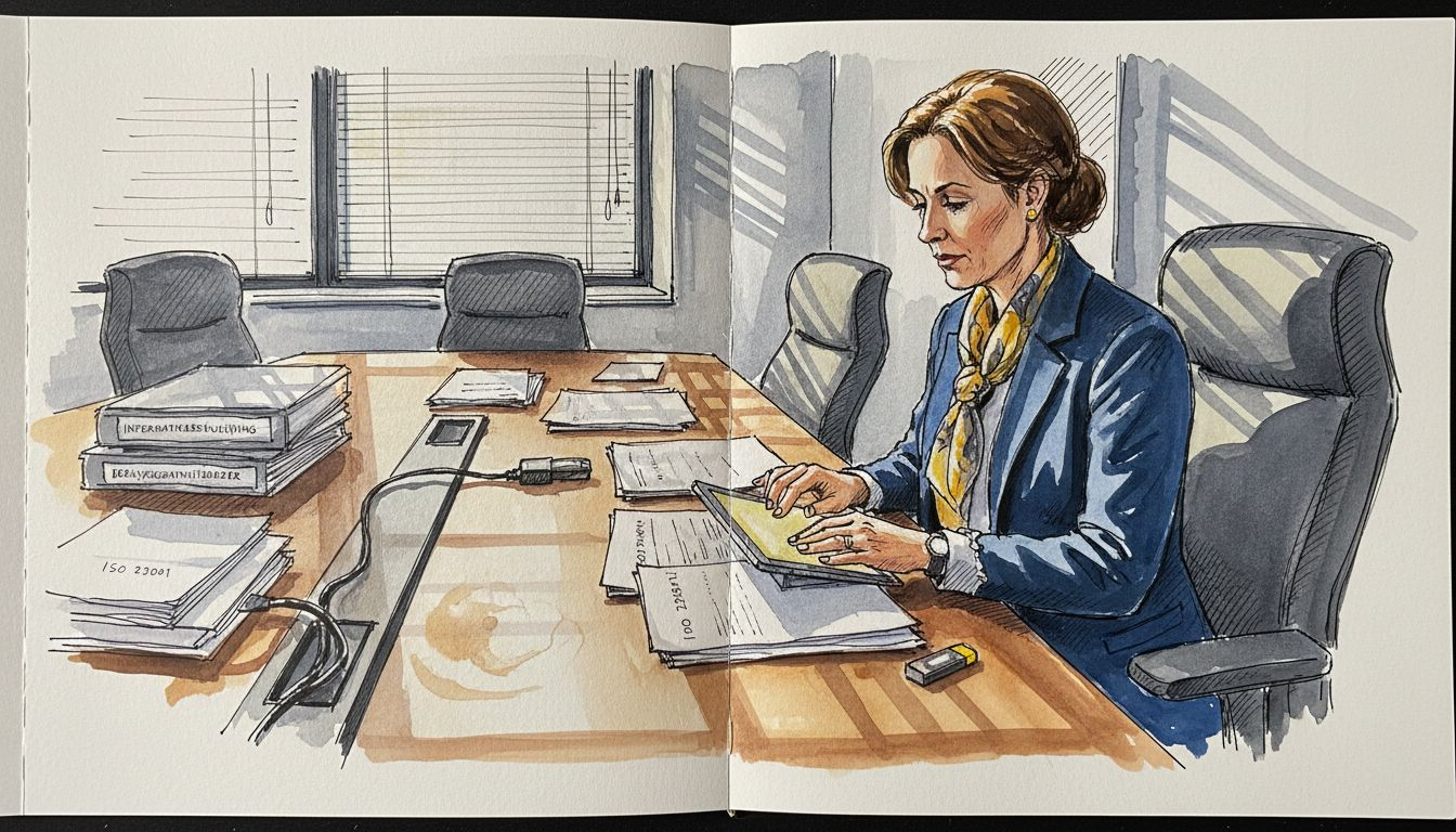 Een IT-auditor die controleert of alle compliance-documenten op orde zijn.