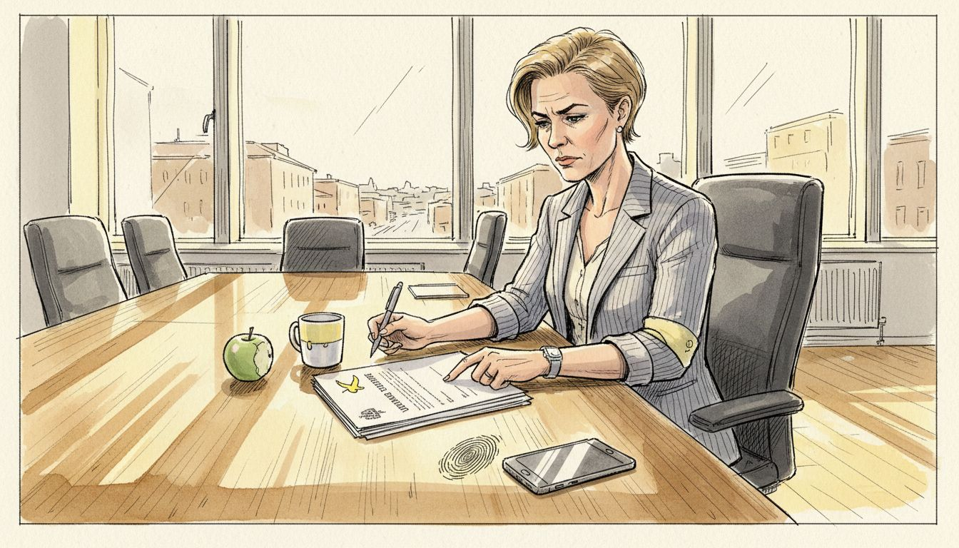 En compliance-ansvarlig sitter på kontoret og går nøye gjennom juridiske dokumenter for å sikre at alt er i henhold til regelverket.