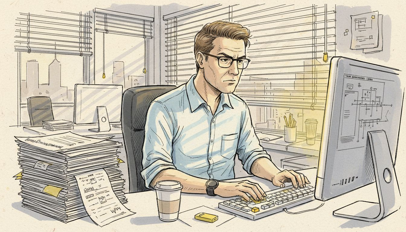 En översättare sitter vid skrivbordet och går igenom teknisk dokumentation.