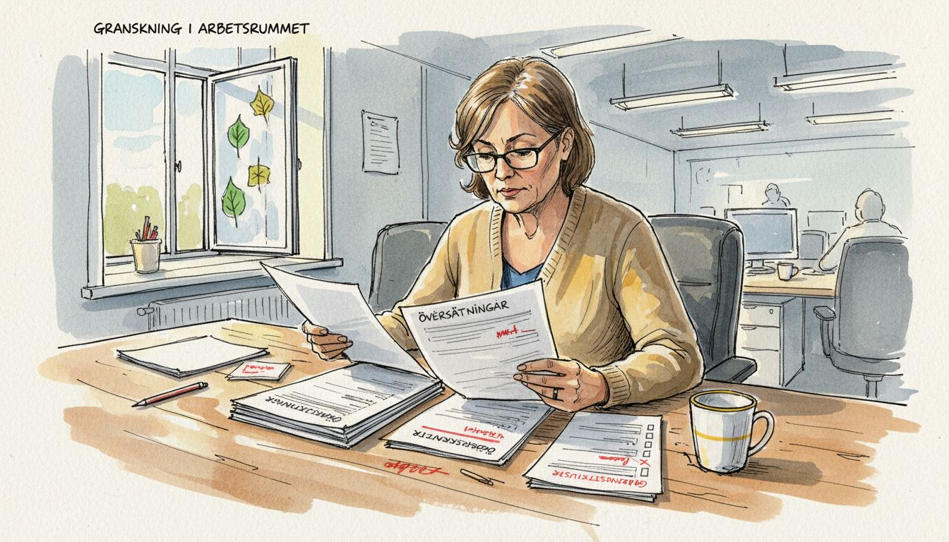 En expert granskar översatta dokument på sitt kontor.