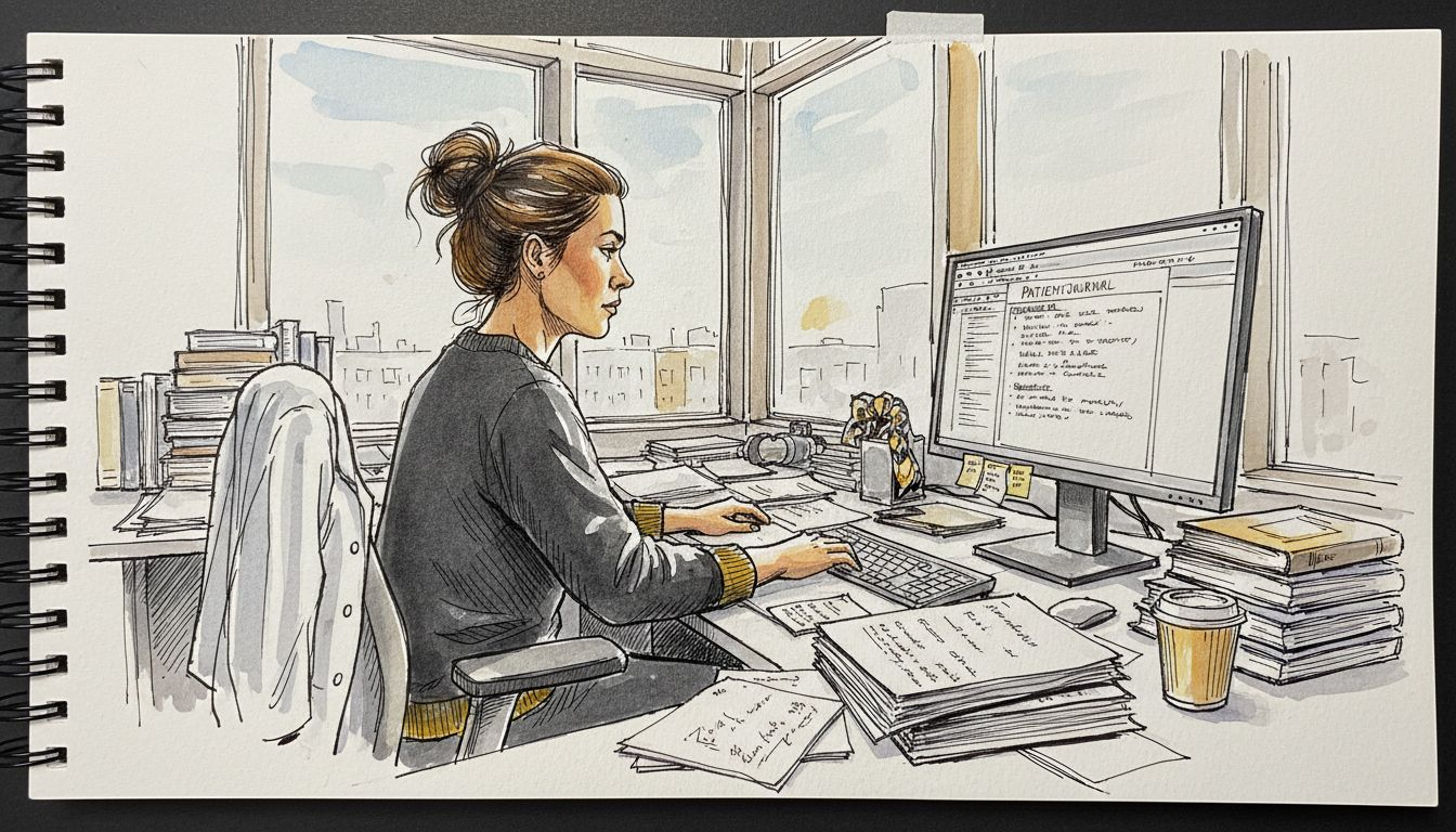 En medicinsk oversætter sidder bøjet over sit rodede skrivebord, omgivet af papirer og bøger.