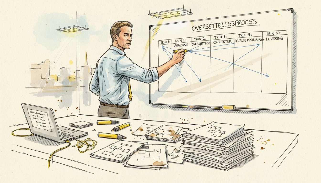 Lederen gennemgår trin-for-trin processen for oversættelse med teamet i mødelokalet.