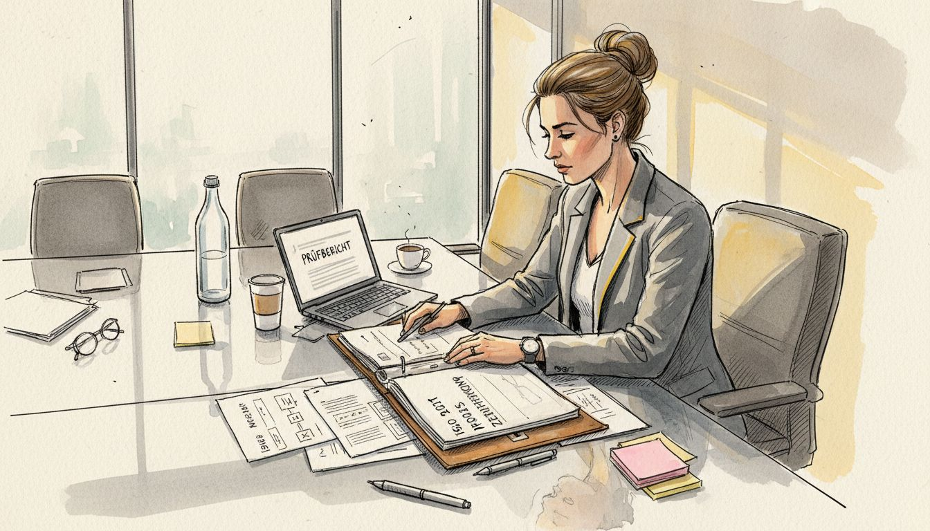 Ein IT-Prüfer nimmt die Zertifikatsunterlagen genau unter die Lupe.