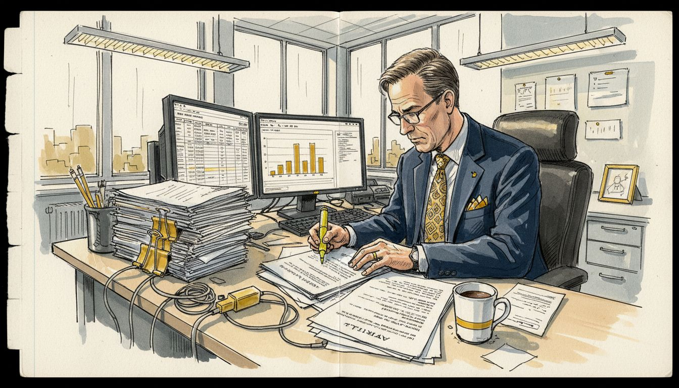 En chef går igenom regelefterlevnadsdokument i ett hektiskt kontorslandskap.
