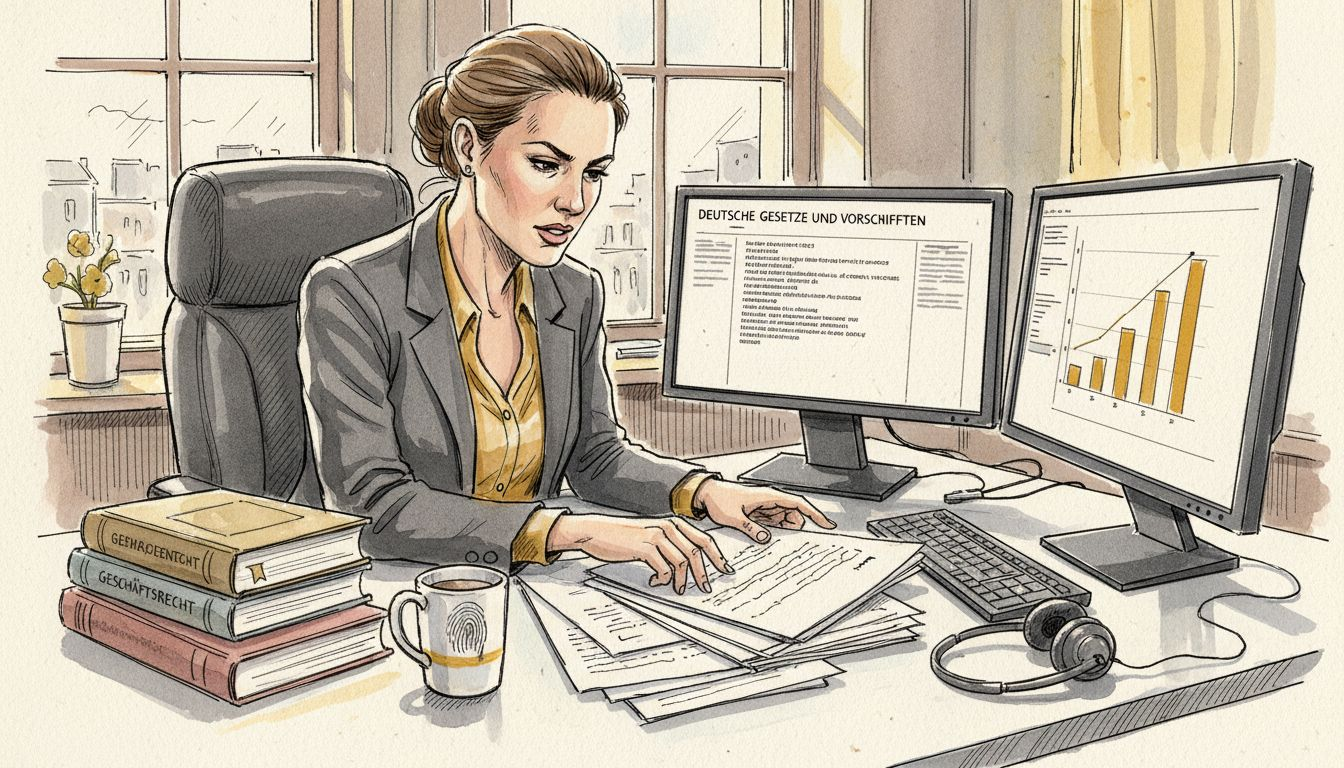 Eine Fachkraft prüft im Rathaus sorgfältig die Einhaltung gesetzlicher Vorgaben in Dokumenten.