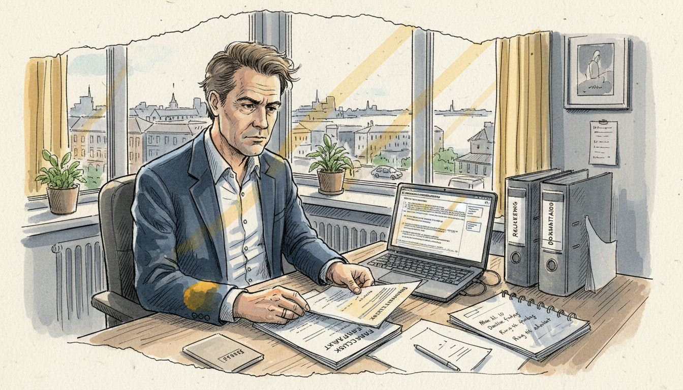 En oversætter sidder fordybet i gennemgang af dokumenter på sit hjørnekontor.