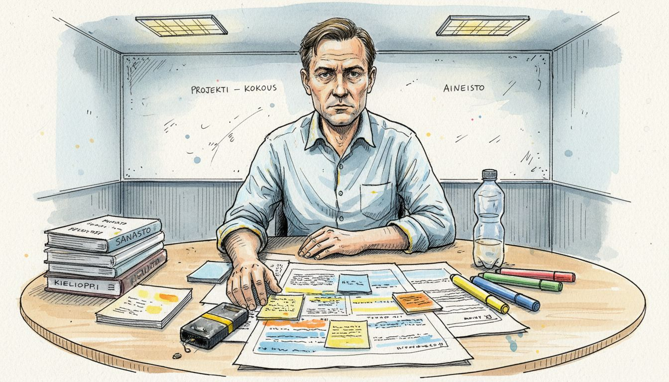 Kielitieteilijä käy läpi termistöä neuvottelupöydän ääressä.