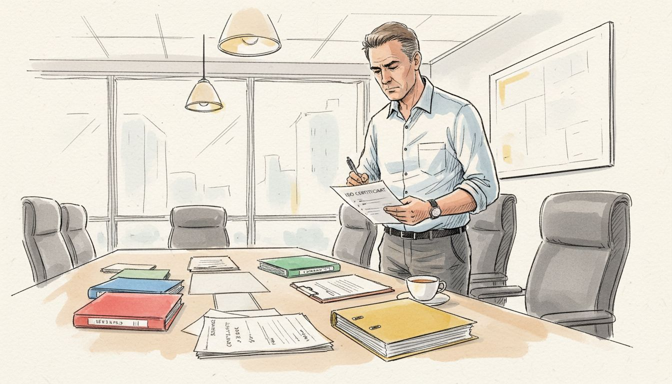 Een compliance officer controleert certificaten tijdens een overleg in de vergaderruimte.