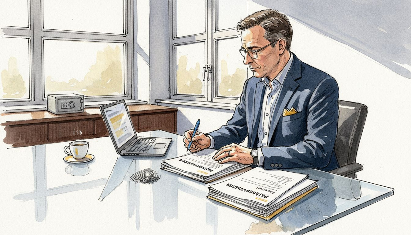 Een man zit op kantoor aandachtig een medische vertaling door te nemen.