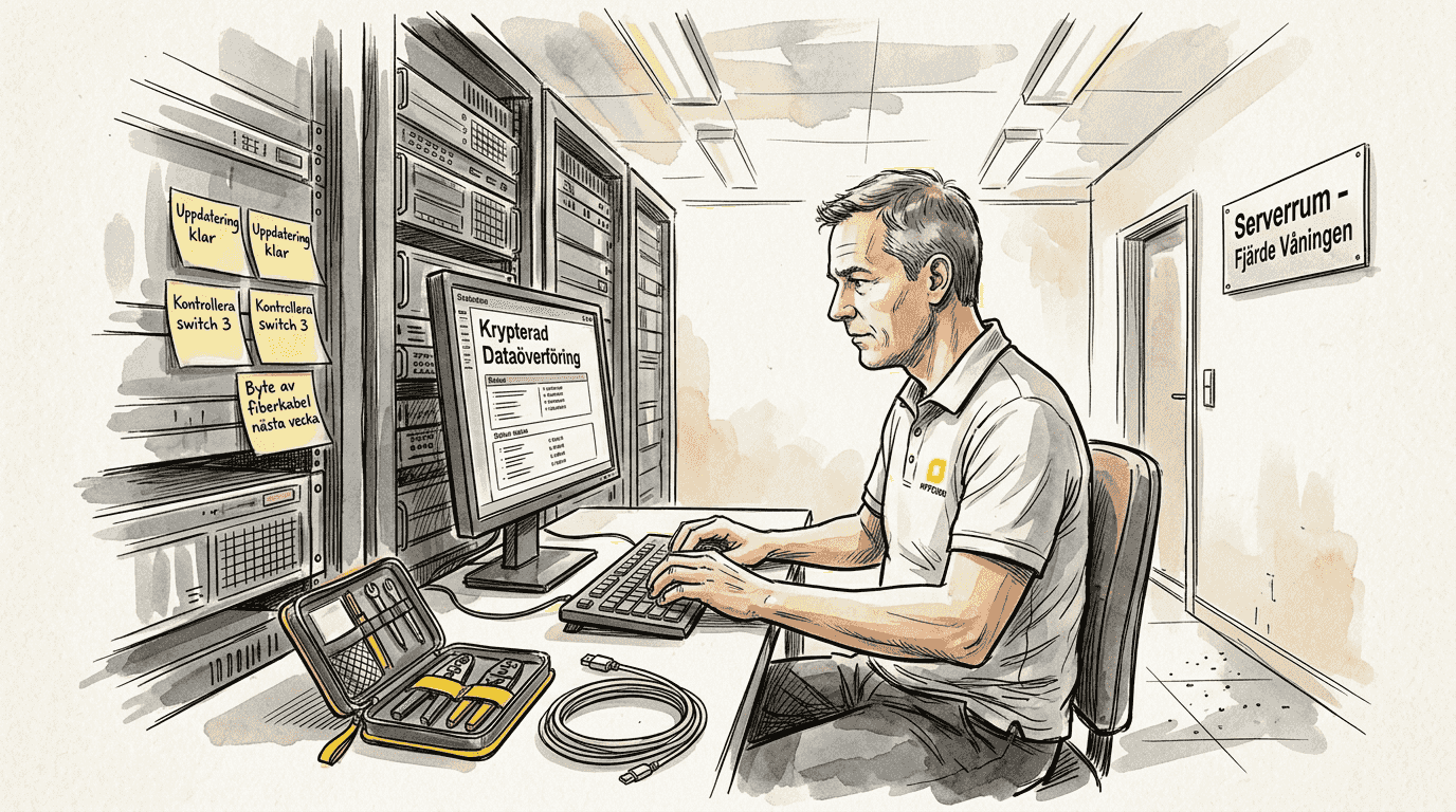 En tekniker övervakar säkra datalagringsservrar inom EU