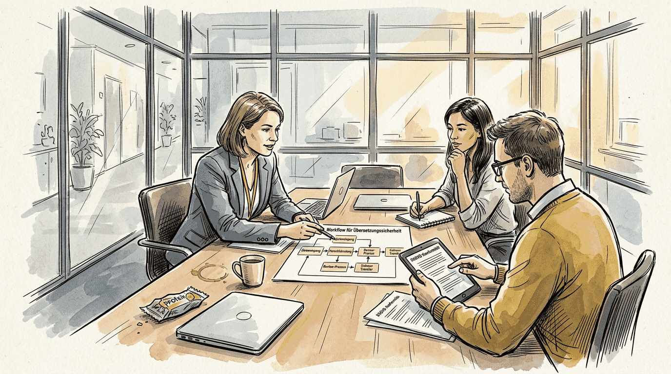 Das Team prüft den sicheren Ablauf für Übersetzungen.