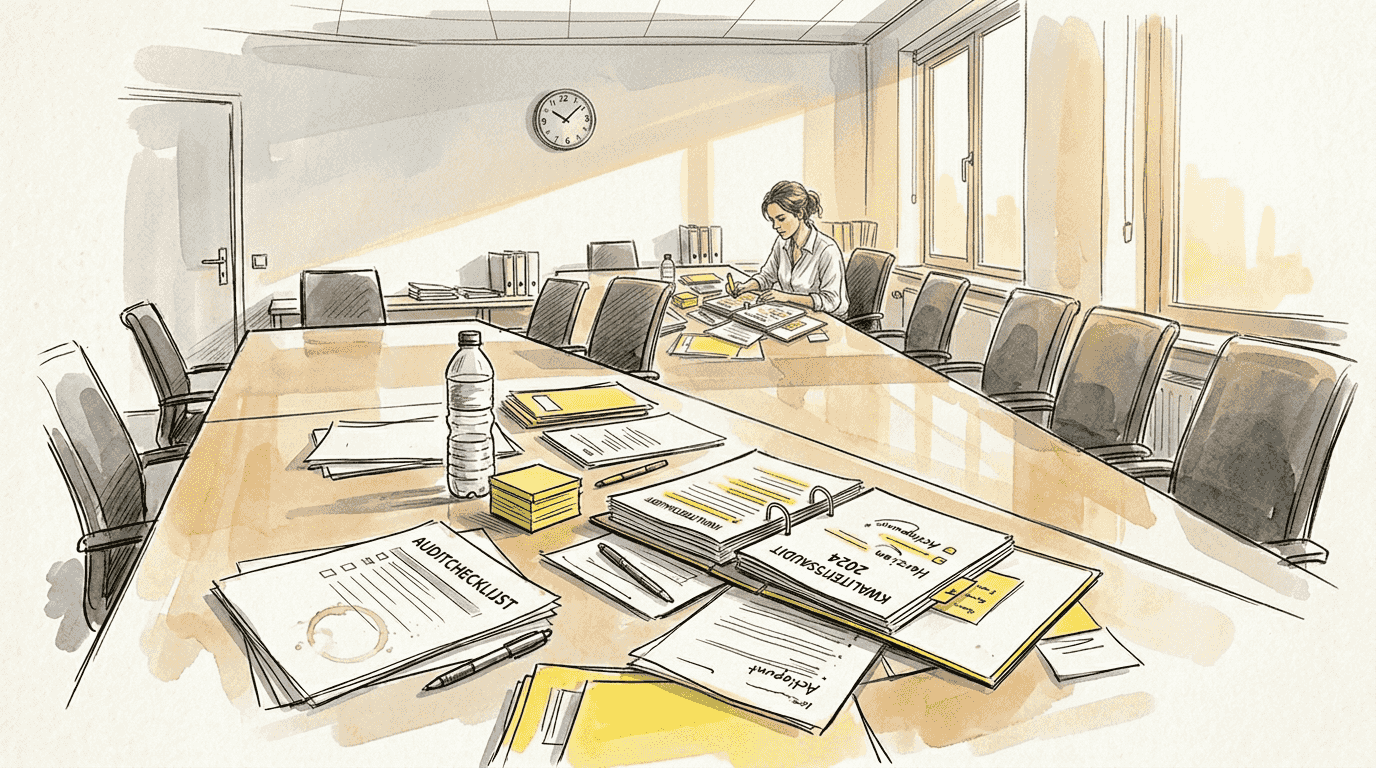 De kwaliteitsmanager loopt de ISO-auditmap zorgvuldig na.